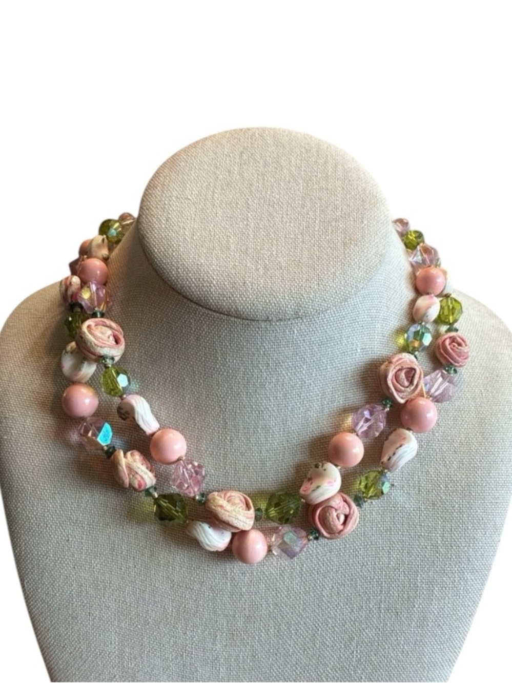 Vintage Vendome Double Strand Art Glass Rolled Rose Crystal Choker Necklace